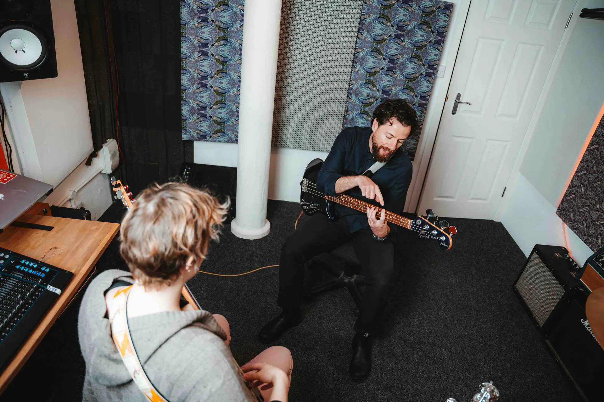 Bass lesson in the studio at Lost Oscillation